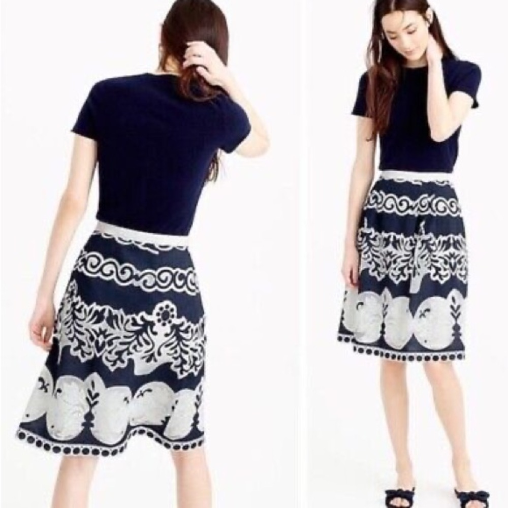 J CREW French Renaissance Ornate Lace Navy Midi Skirt 8 - Picture 1 of 9